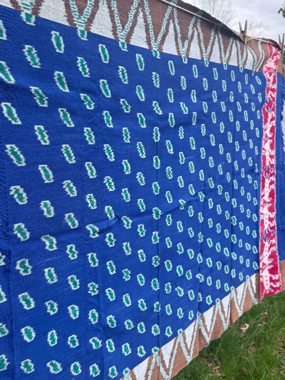 True Ikat Cloth Wrap Throw Blue Green Wall Hanging Medium Weight Weaving 82 X 45